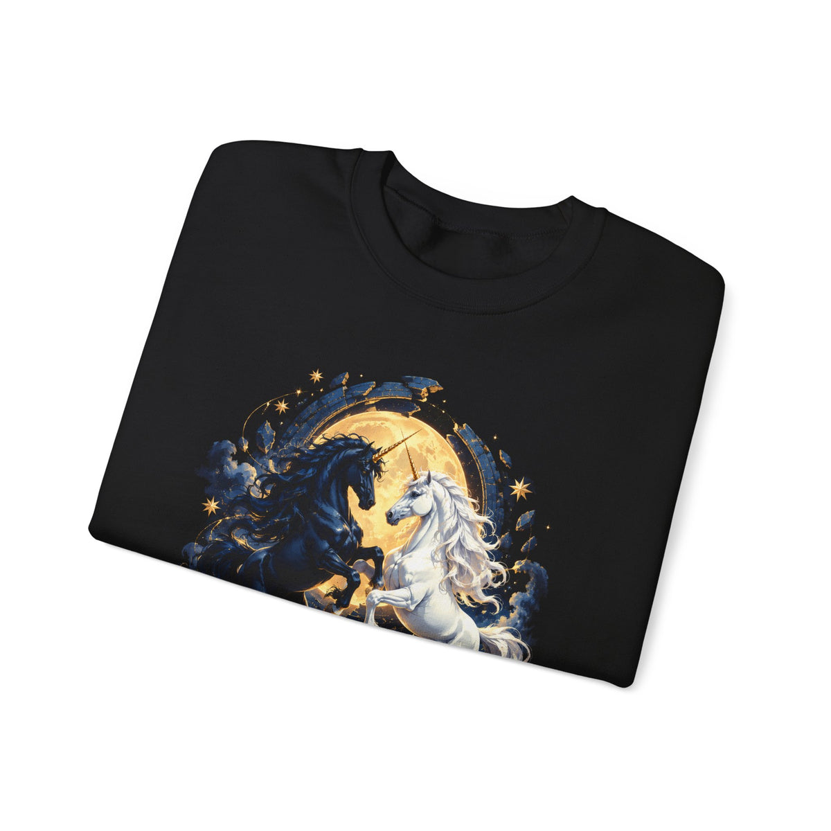 Black and White Unicorns Crewneck Sweatshirt Gold Moon Fantasy Unicorn Art