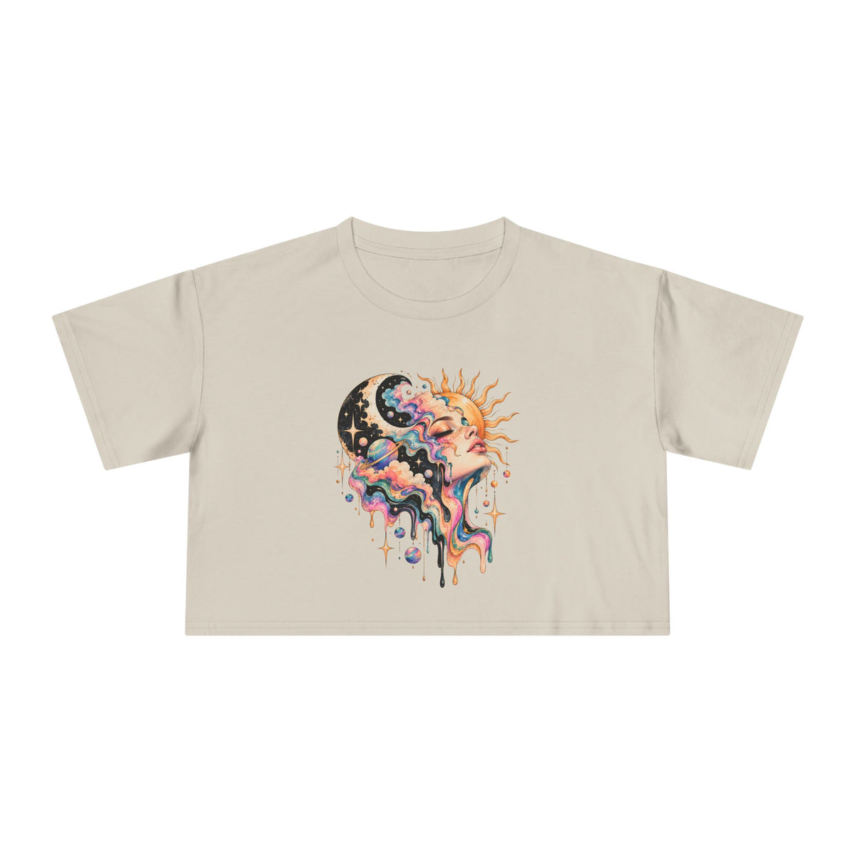 Celestial Sun and Moon Woman Crop Tee, Pastel Cloud Hair Melting Drip Planets Stars Women's Cropped T-Shirt