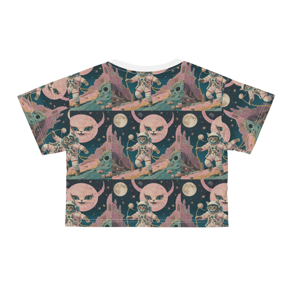 Astronaut Cat Pink Moon Face Crop Top Womens All Over Print Crop Tee