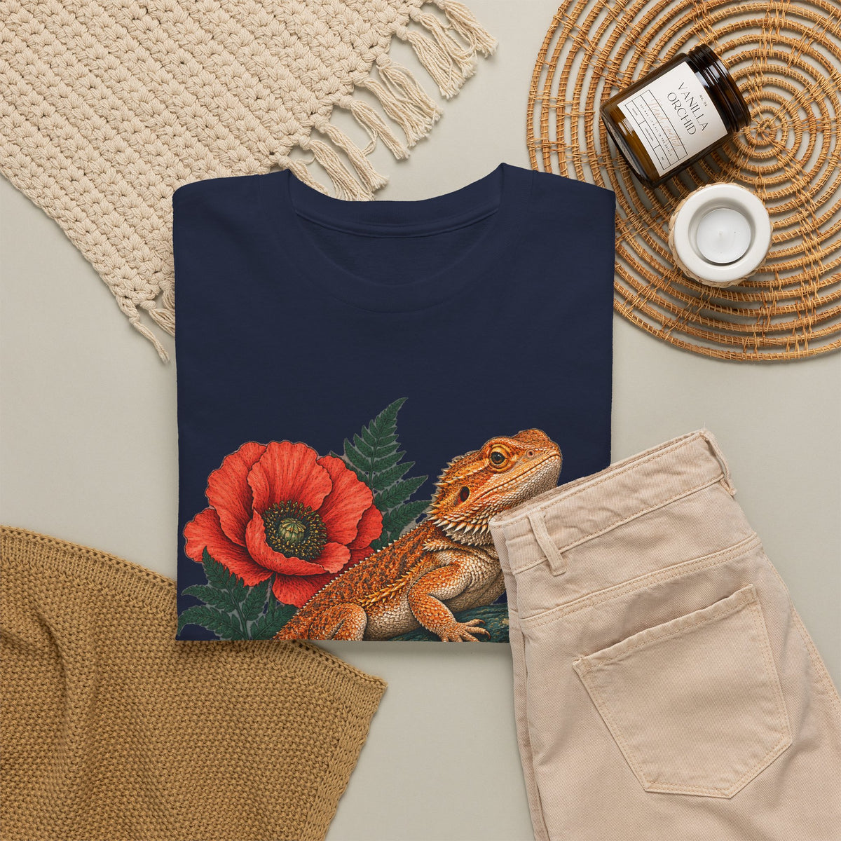 Bearded Dragon Red Poppies T-Shirt Botanical Lizard Floral Tee