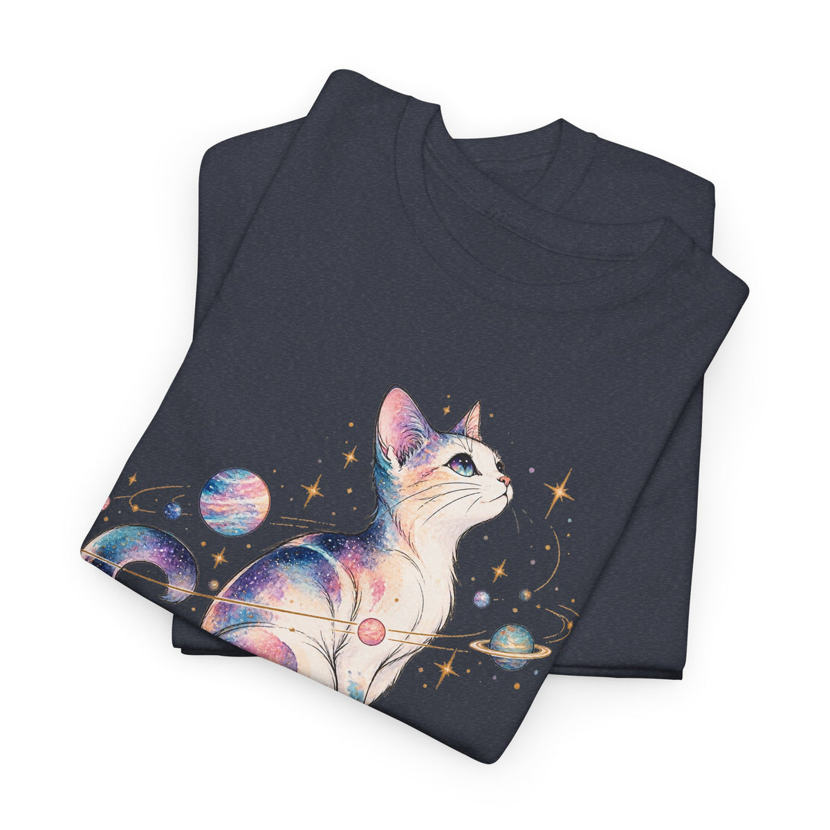 Cosmic Galaxy Cat T-Shirt, Pastel Watercolor Cat Planets Gold Stars Celestial Graphic Tee Unisex