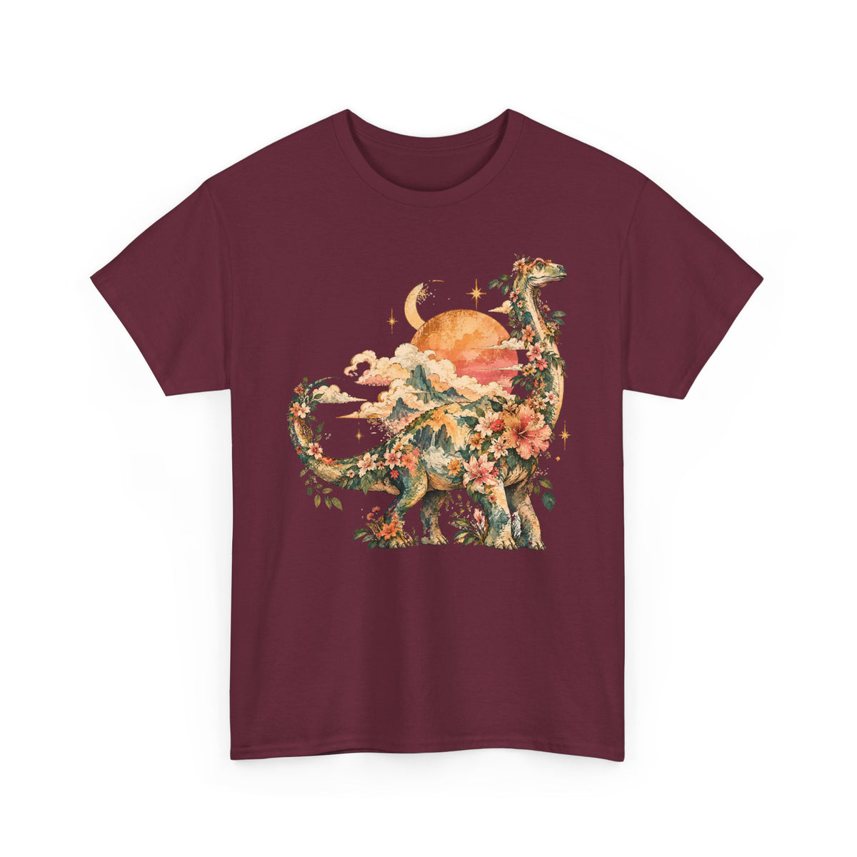 Floral Dinosaur T-Shirt, Vintage Brontosaurus Sunset Mountains Graphic Tee Unisex Nature Shirt