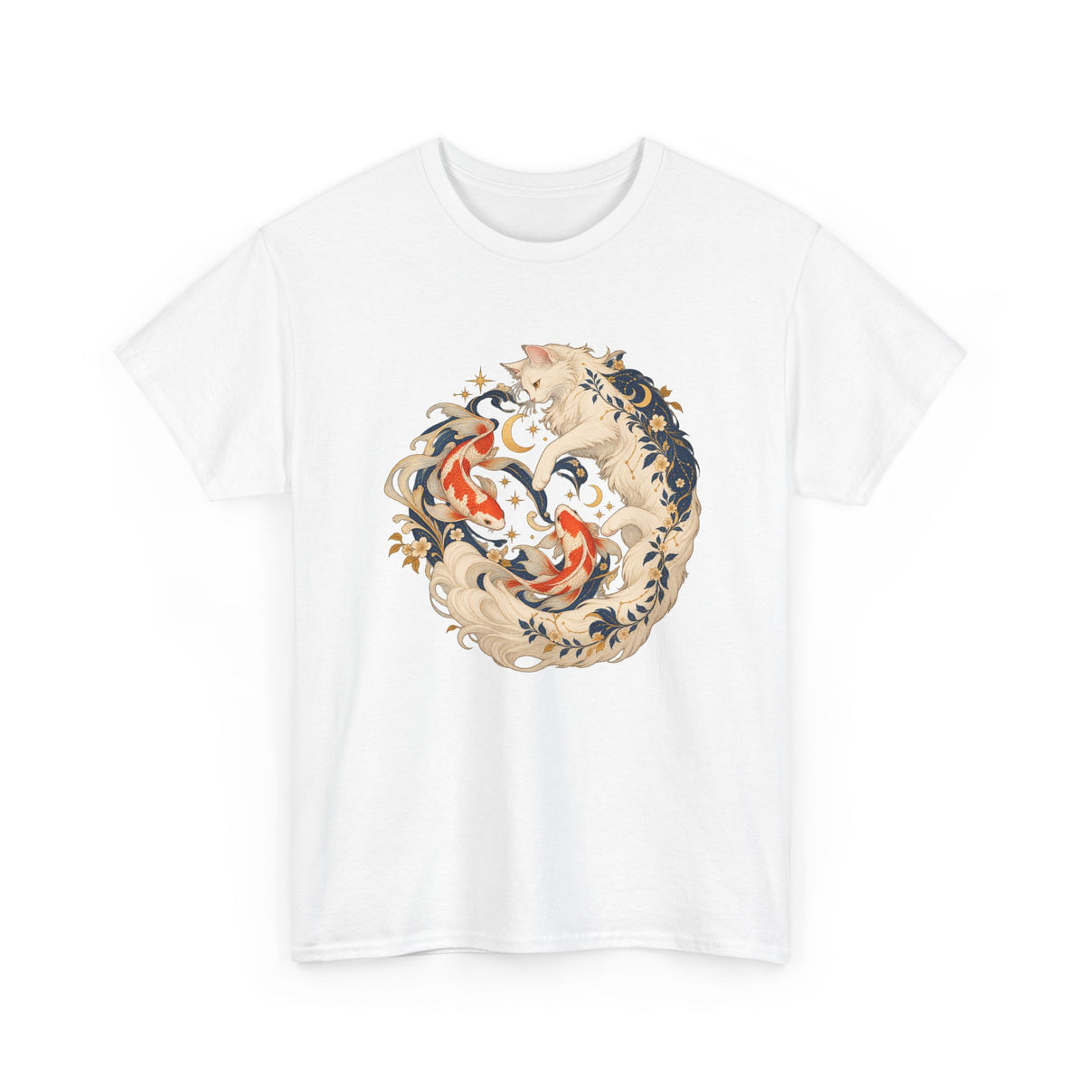 White Cat Koi Celestial T-Shirt Yin Yang Floral Cat Fish Tee