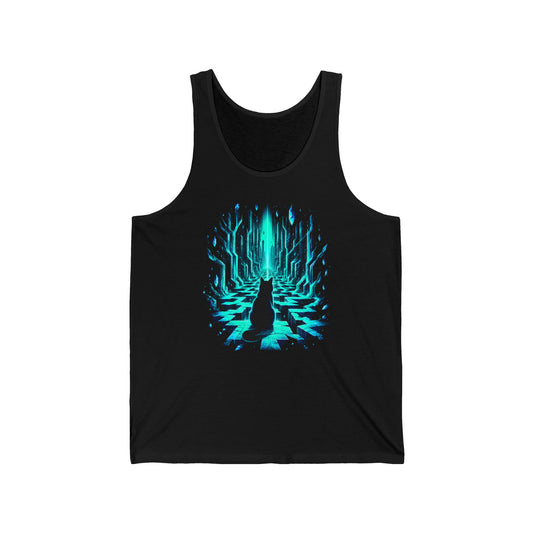 Glowing Crystal Maze Cat Tank Top Black Cat Neon Teal Labyrinth Fantasy Tank