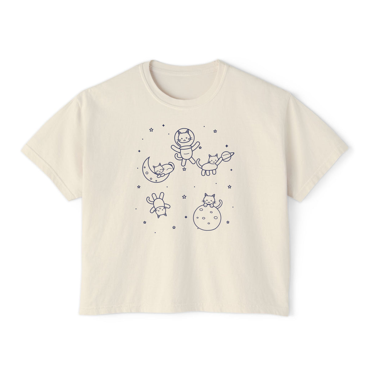 Womens Aesthetic Cats in Space T-Shirt Navy Line Art Astronaut Kitty Boxy Tee