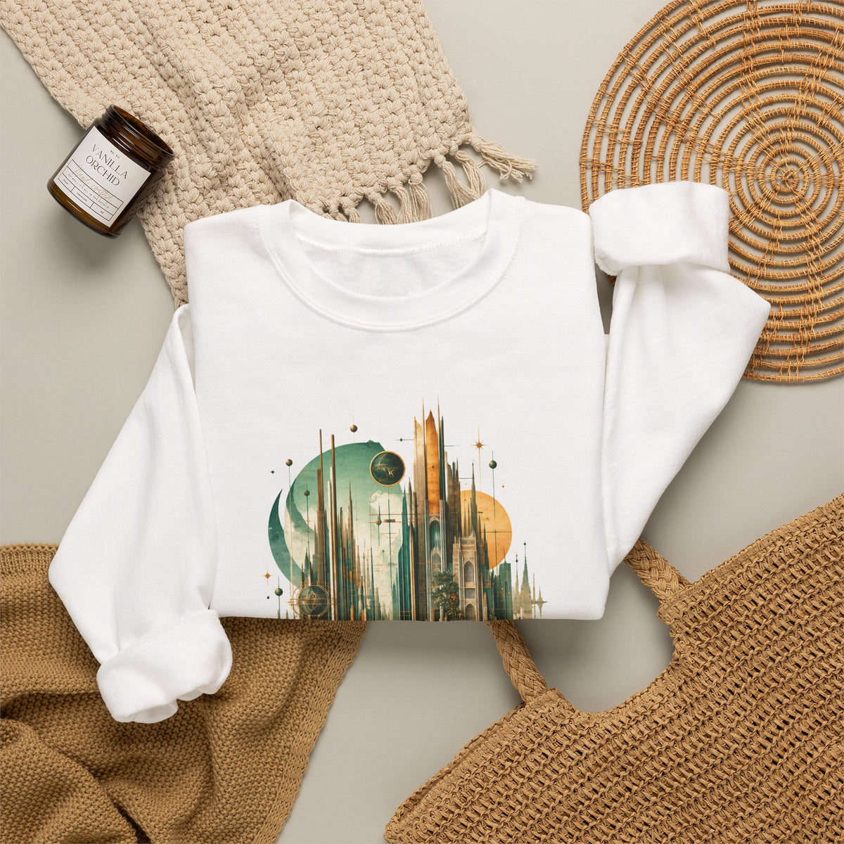 Art Deco Emerald City Crewneck Sweatshirt Gold Fantasy Skyline Roses Stairway Art