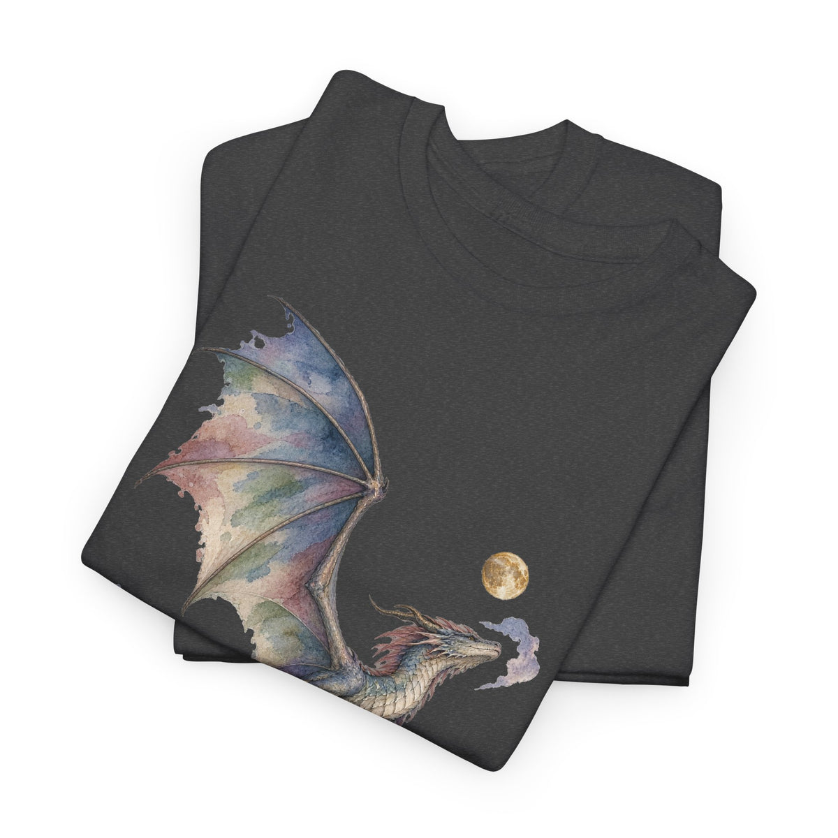Watercolor Celestial Dragon Moon T-Shirt Fantasy Dragon Full Moon Clouds Dark Tee