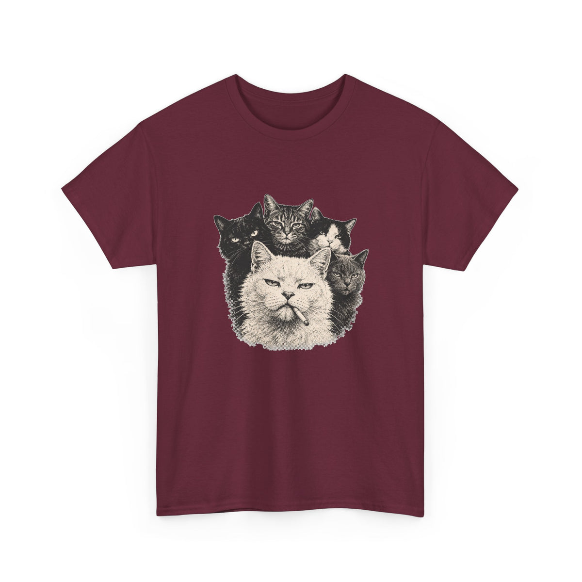 Vintage Grumpy Cats Crew T-Shirt Woodcut Smoking Cat Gang Retro Tattoo Style Tee