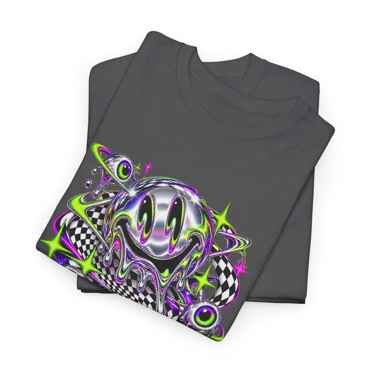 Chrome Melting Smiley T-Shirt Acid Trippy Y2K Psychedelic Tee