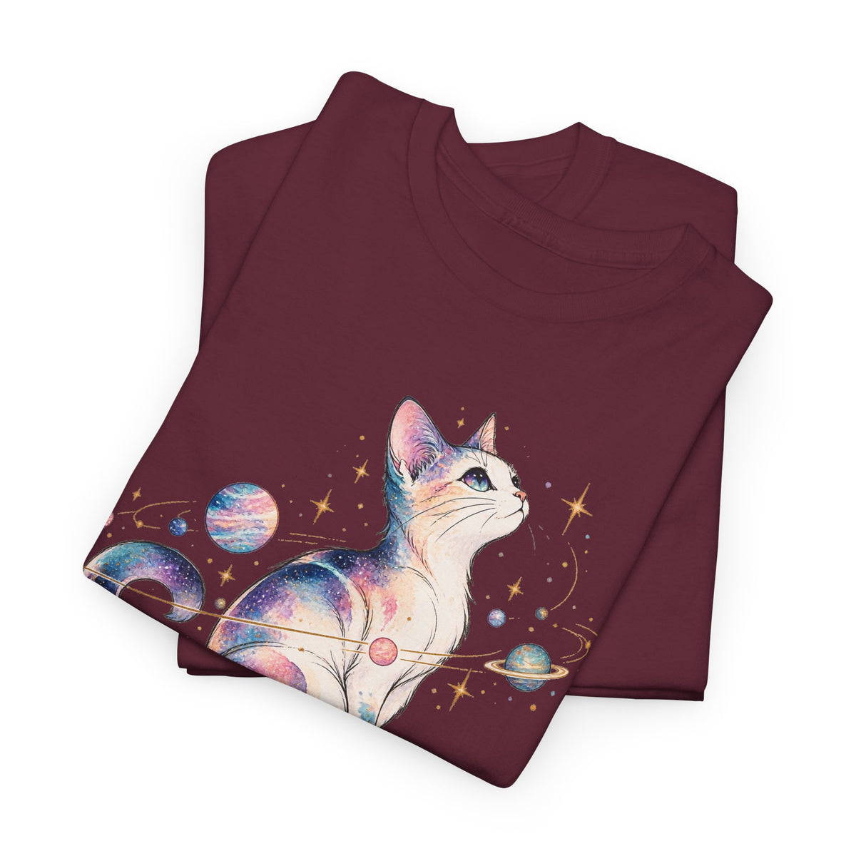 Cosmic Galaxy Cat T-Shirt, Pastel Watercolor Cat Planets Gold Stars Celestial Graphic Tee Unisex