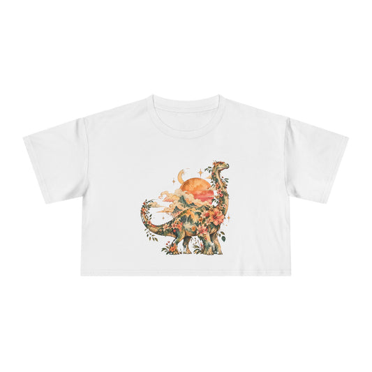 Floral Dinosaur Crop Tee, Vintage Brontosaurus Sunset Cottagecore Women's Cropped T-Shirt