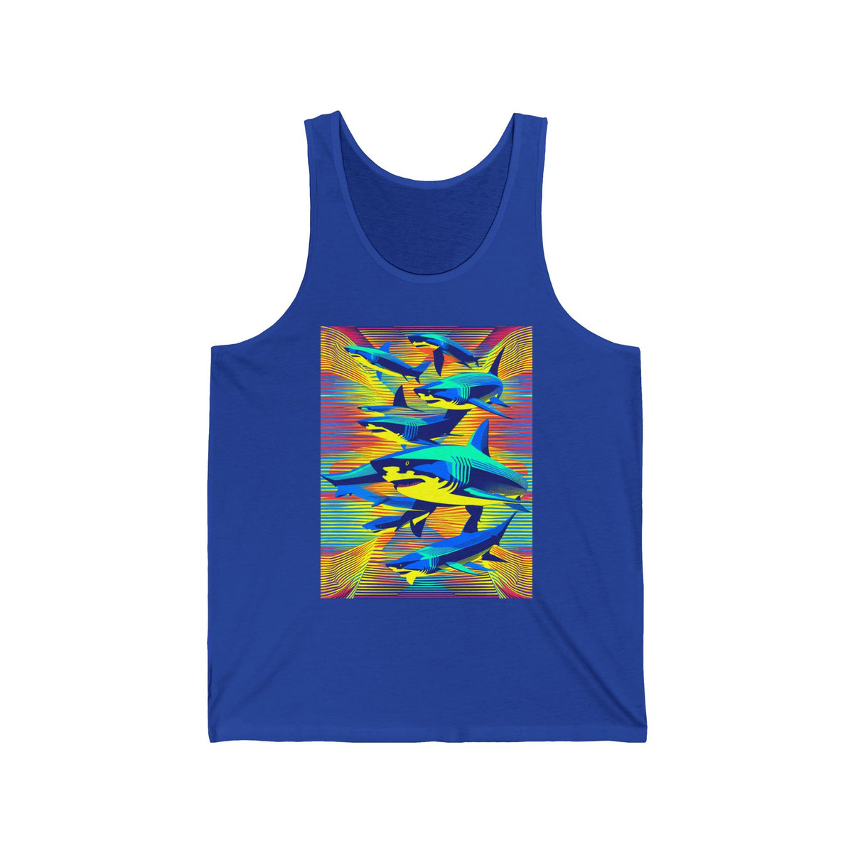 Neon Sharks Swimming Pattern Graphic Tank Top Unisex Jersey Tank