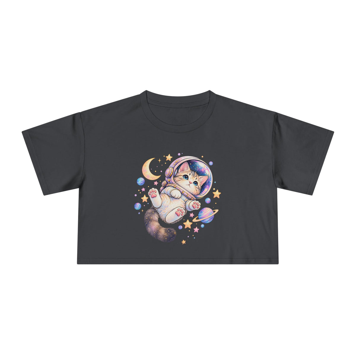 Astronaut Kitten Crop Tee, Cute Pastel Space Cat Helmet Moon Planets Stars Kawaii Women's Cropped T-Shirt
