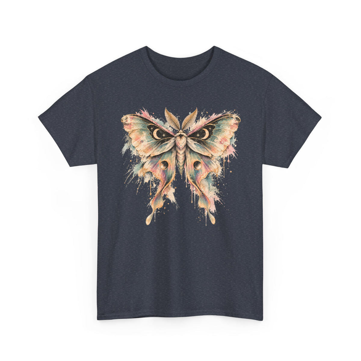 Celestial Luna Moth T-Shirt, Pastel Watercolor Moth Crescent Moon Stars Paint Drip Graphic Tee Unisex