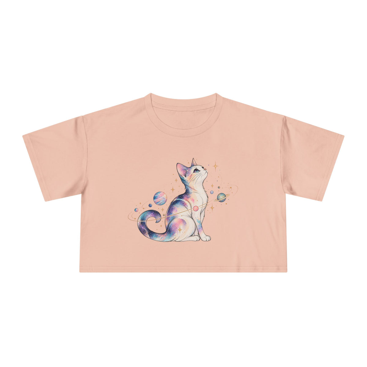 Cosmic Galaxy Cat Crop Tee, Pastel Watercolor Cat Planets Gold Stars Celestial Women's Cropped T-Shirt