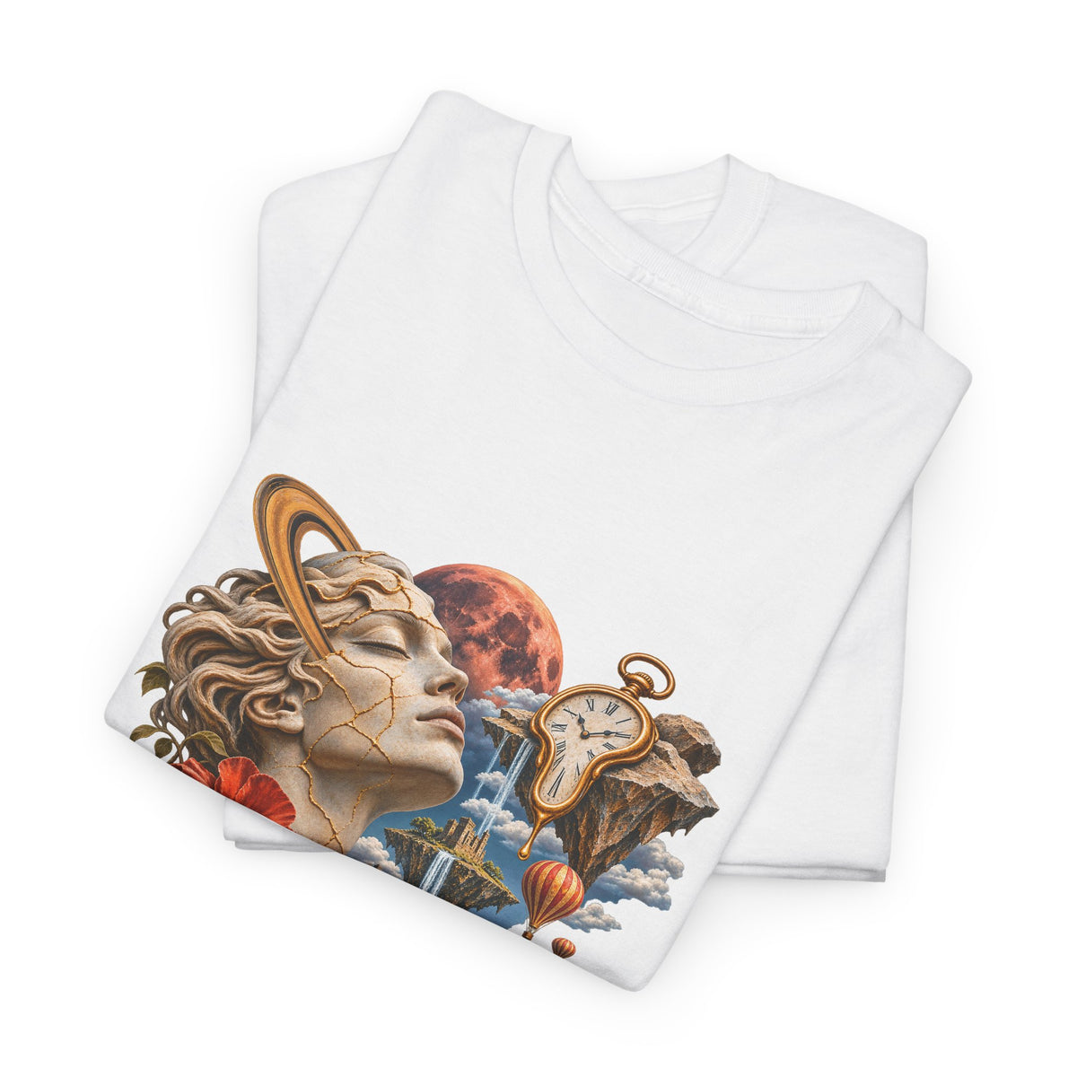Surreal Kintsugi Bust T-Shirt Melting Clock Floating Islands Celestial Tee