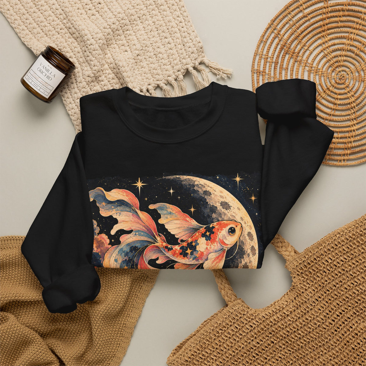 Koi Fish Moon Sweatshirt Celestial Koi Night Sky Full Moon Crewneck