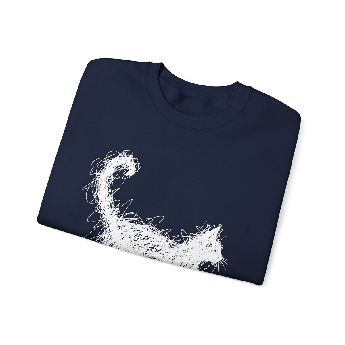 Scribble White Cat on Black Sweatshirt Minimal Line Art Cat