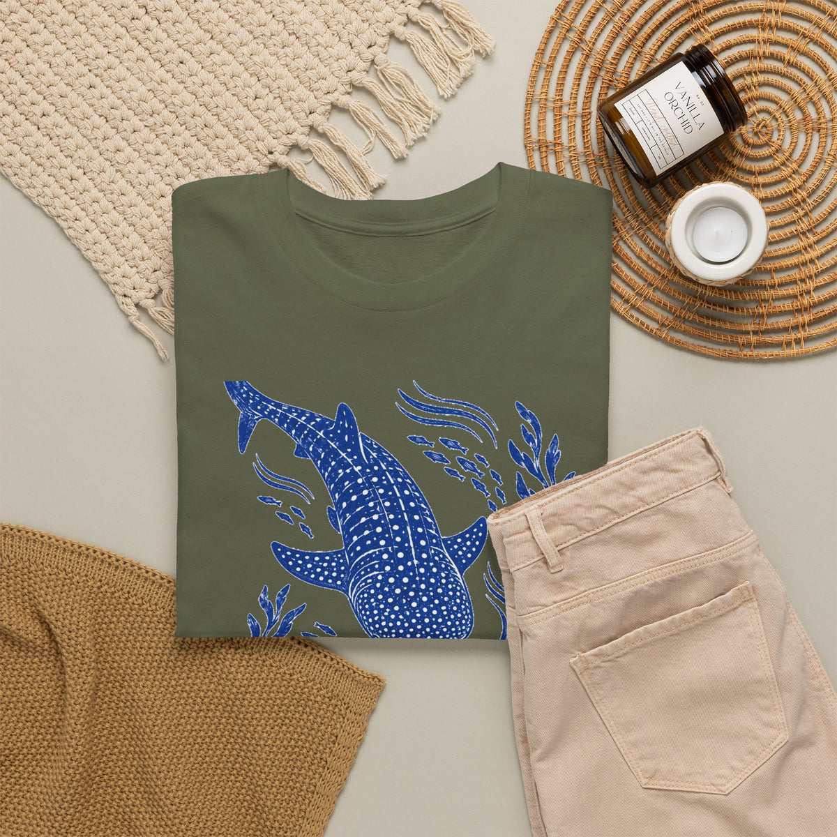 Whale Shark Linocut T-Shirt Blue Block Print Ocean Seaweed Fish Tee