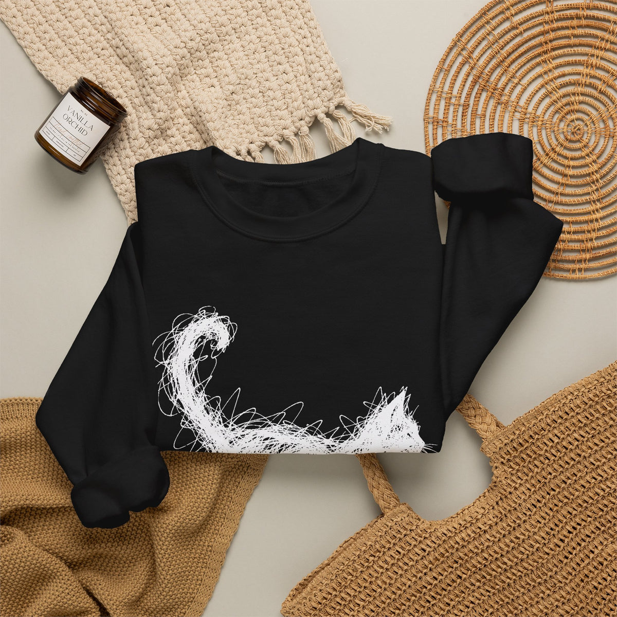 Scribble White Cat on Black Sweatshirt Minimal Line Art Cat