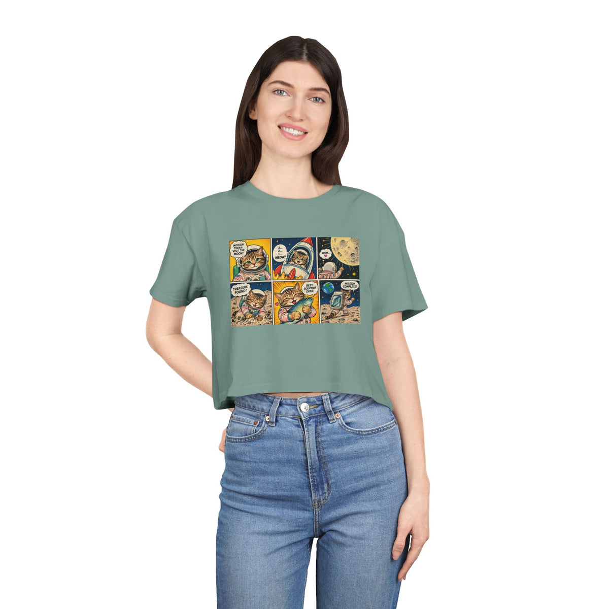 Astronaut Cat Comic Crop Tee, Space Cat Moon Mission Fish Funny Comic Strip Women's Cropped T-Shirt
