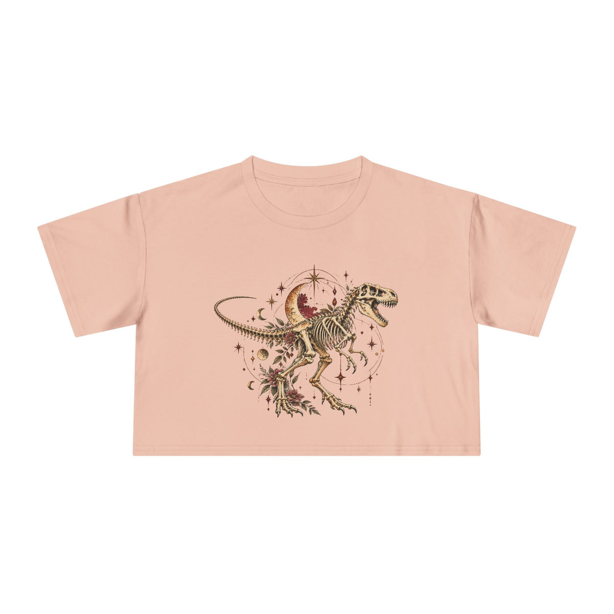 Celestial T-Rex Skeleton Crop Tee, Dark Academia Moon Stars Floral Dinosaur Women's Cropped T-Shirt