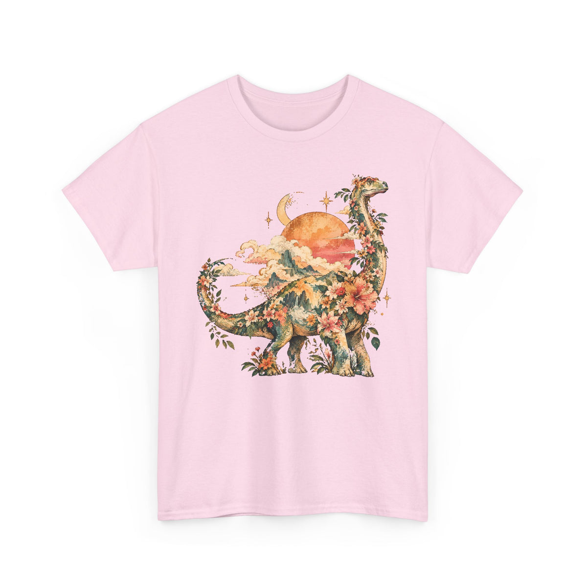 Floral Dinosaur T-Shirt, Vintage Brontosaurus Sunset Mountains Graphic Tee Unisex Nature Shirt