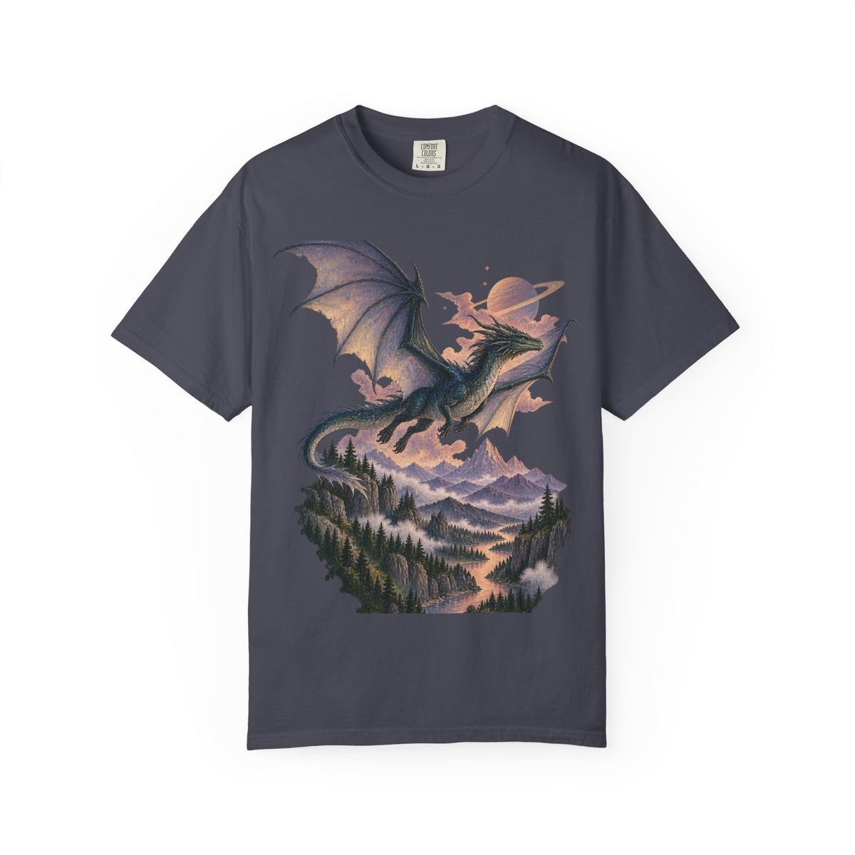 Celestial Dragon Over Forest Tee Fantasy Ringed Planet Mountain Shirt