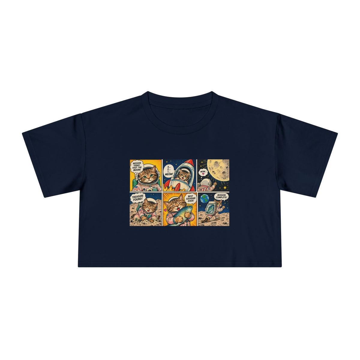 Astronaut Cat Comic Crop Tee, Space Cat Moon Mission Fish Funny Comic Strip Women's Cropped T-Shirt