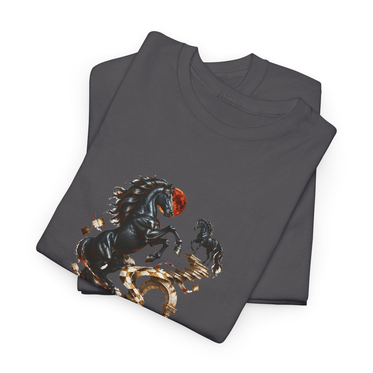 Surreal Black Horses Chess Fantasy T-Shirt Rearing Stallions Stairs Moon Tee