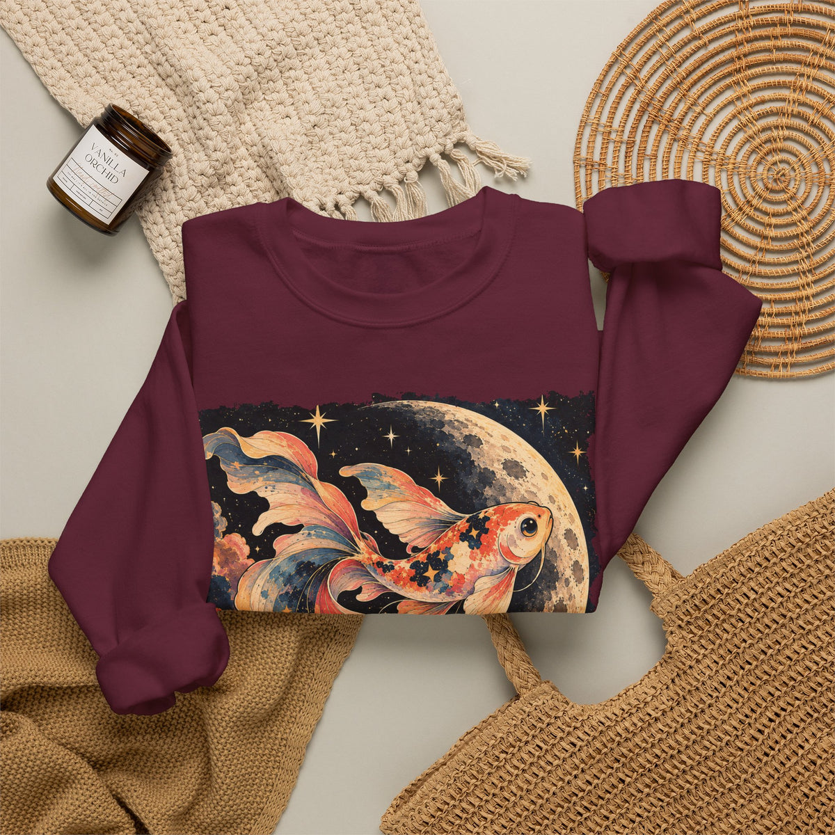 Koi Fish Moon Sweatshirt Celestial Koi Night Sky Full Moon Crewneck