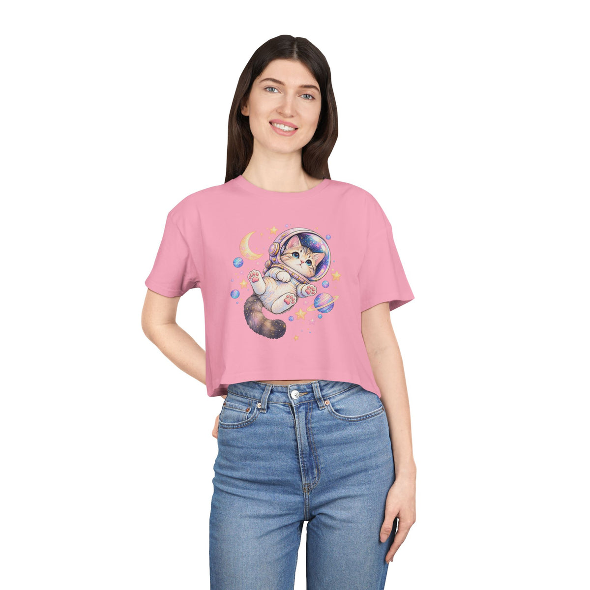 Astronaut Kitten Crop Tee, Cute Pastel Space Cat Helmet Moon Planets Stars Kawaii Women's Cropped T-Shirt