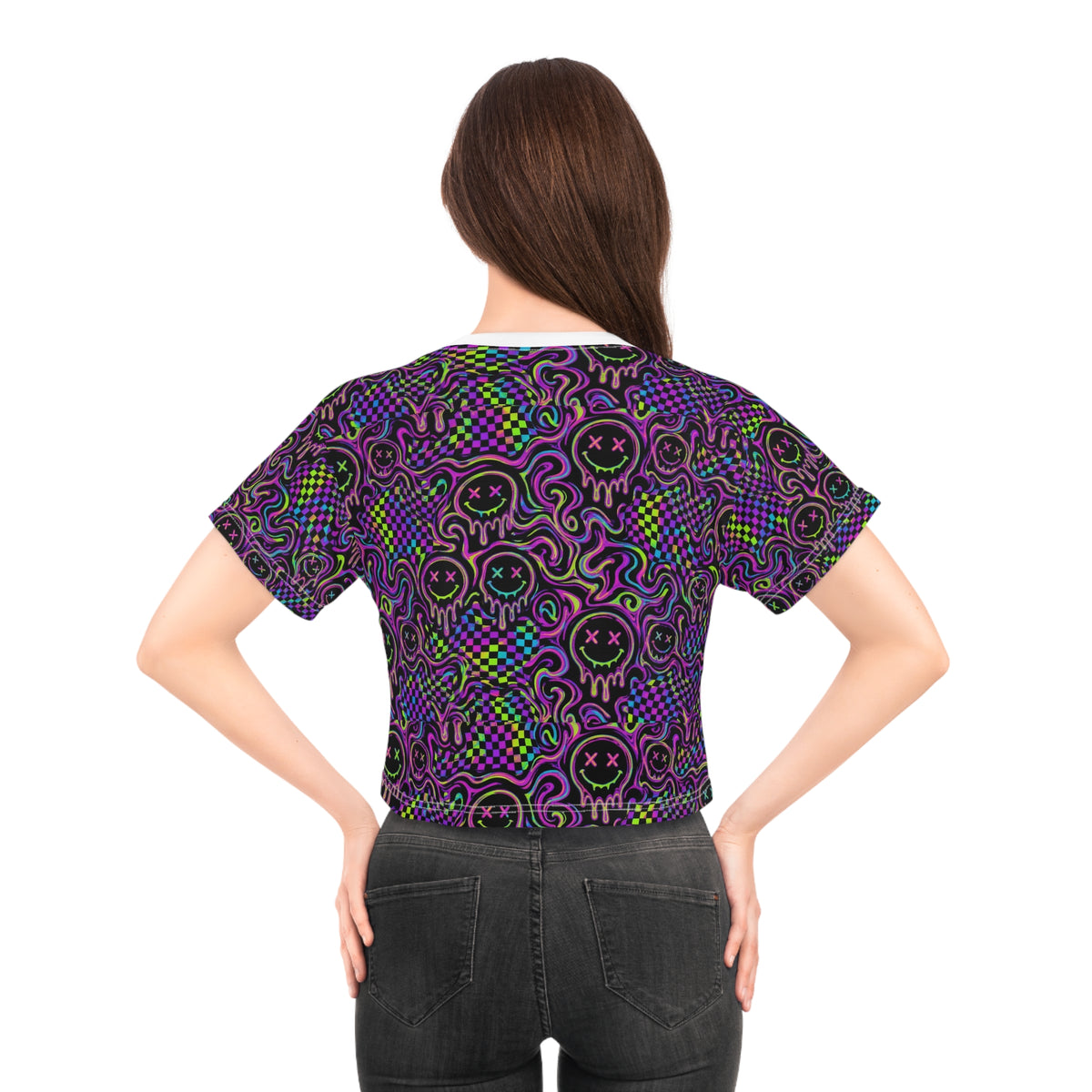 Neon Acid Smiley Rave Crop Top Women Trippy Checkerboard EDM Festival Outfit