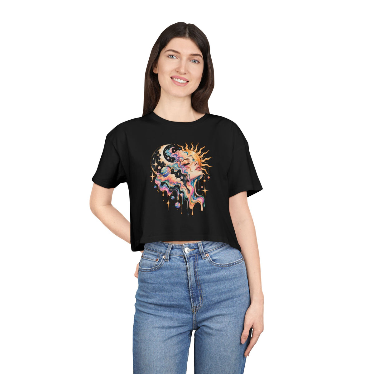 Celestial Sun and Moon Woman Crop Tee, Pastel Cloud Hair Melting Drip Planets Stars Women's Cropped T-Shirt