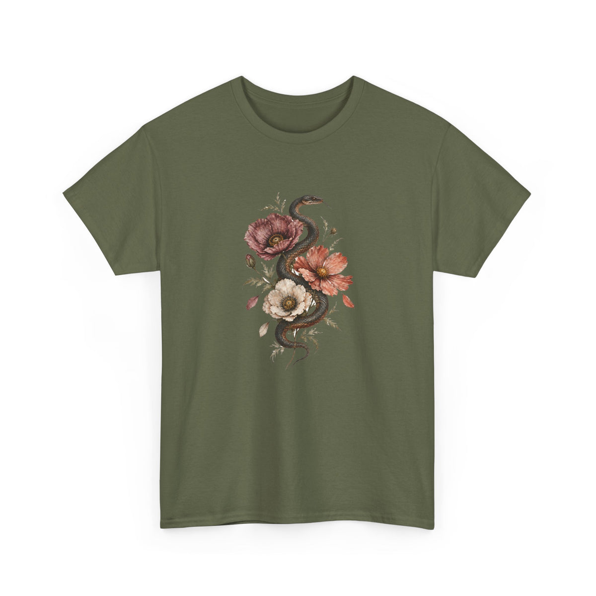 Snake and Poppies T-Shirt Vintage Botanical Serpent Flower Tattoo Style Tee