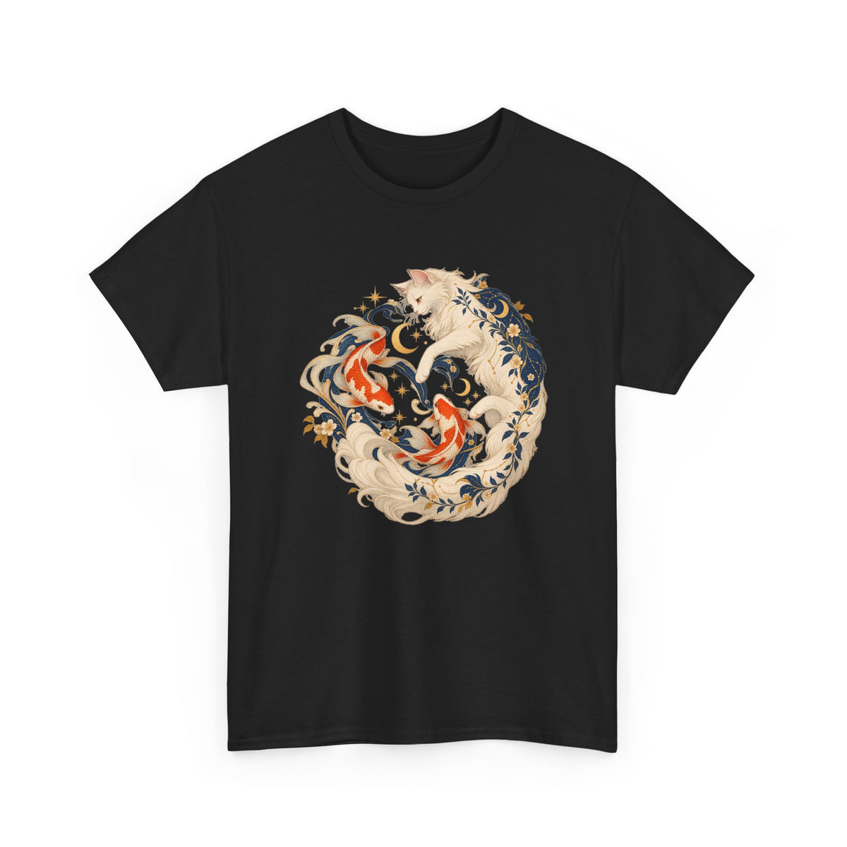 White Cat Koi Celestial T-Shirt Yin Yang Floral Cat Fish Tee