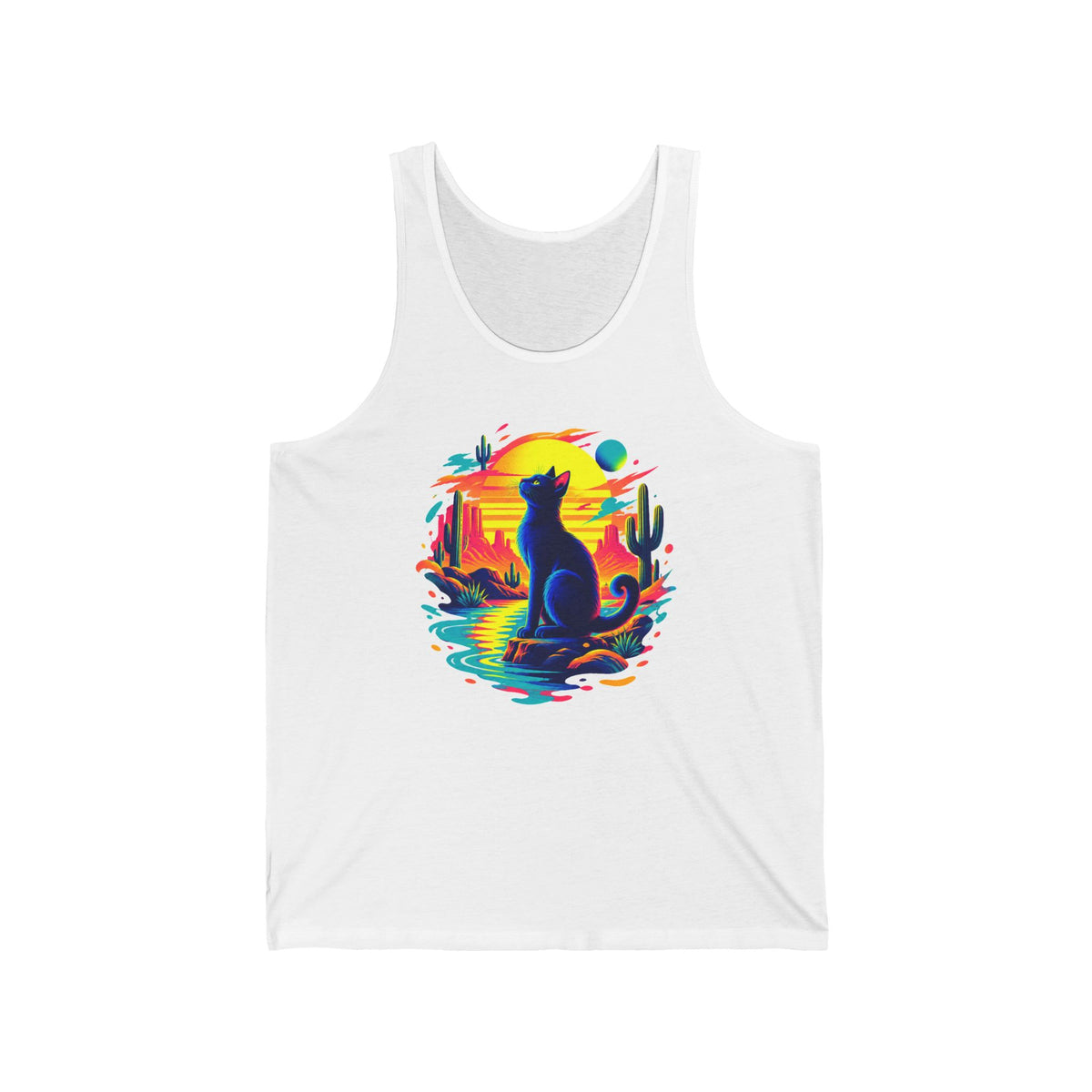 Neon Desert Black Cat Tank Top Synthwave Sunset Cactus Oasis Cat Lover Tank