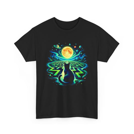 Black Cat Neon Maze T-Shirt Gold Moon Planets Celestial Cat Art