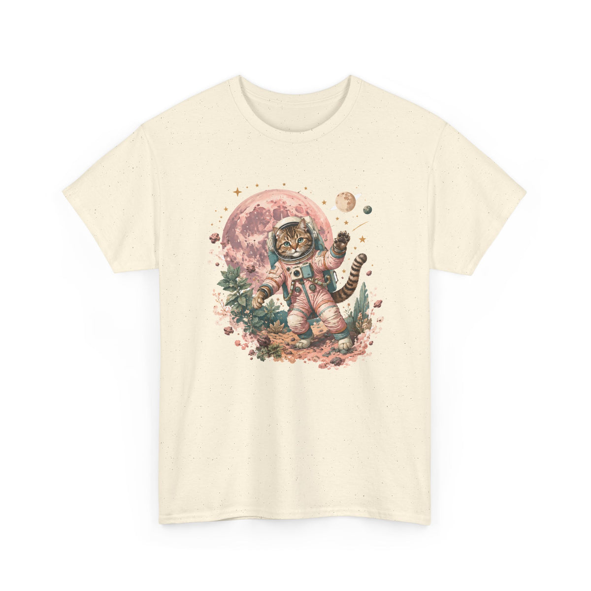 Tabby Cat Astronaut T-Shirt Pastel Pink Moon Space Cat Waving Tee