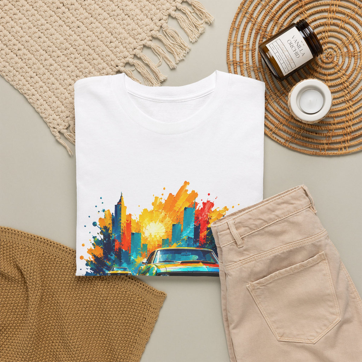 Paint Splash Muscle Car T-Shirt Colorful City Sunset Classic Car Art