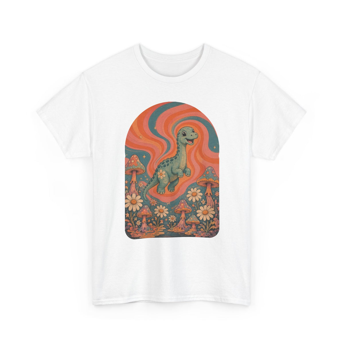 Groovy Brontosaurus T-Shirt Retro 70s Dinosaur Mushrooms Daisies Tee
