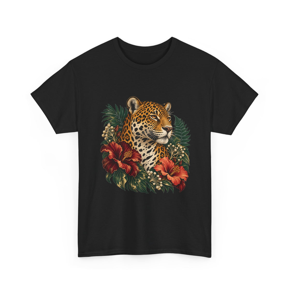 Jaguar Hibiscus Tropical T-Shirt Big Cat Floral Portrait Tee