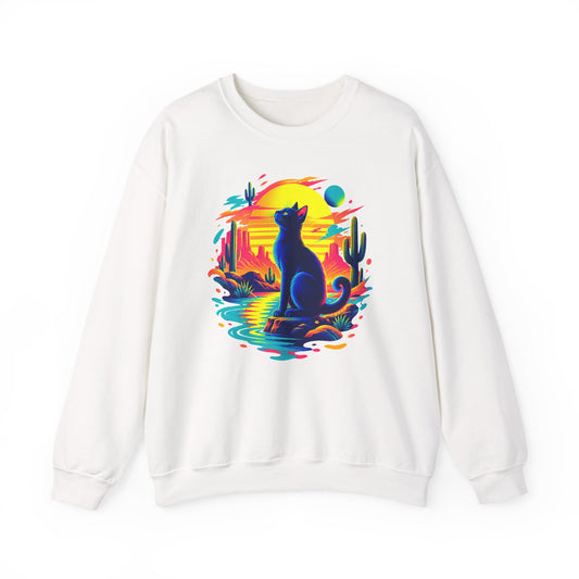 Neon Desert Black Cat Sweatshirt Synthwave Sunset Cactus Oasis Cat Lover Crewneck