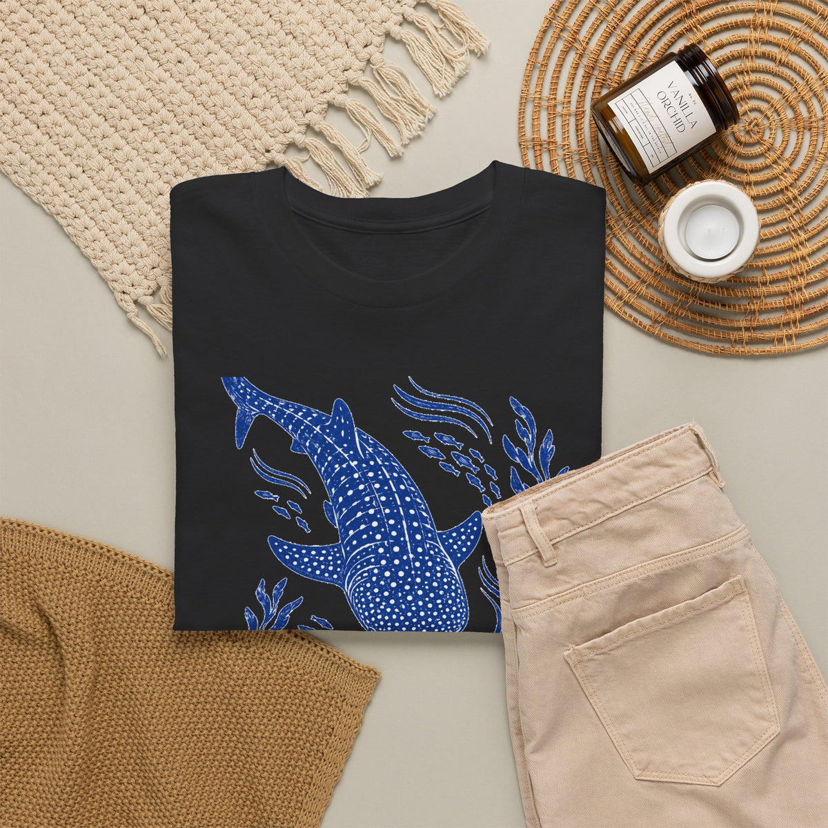 Whale Shark Linocut T-Shirt Blue Block Print Ocean Seaweed Fish Tee