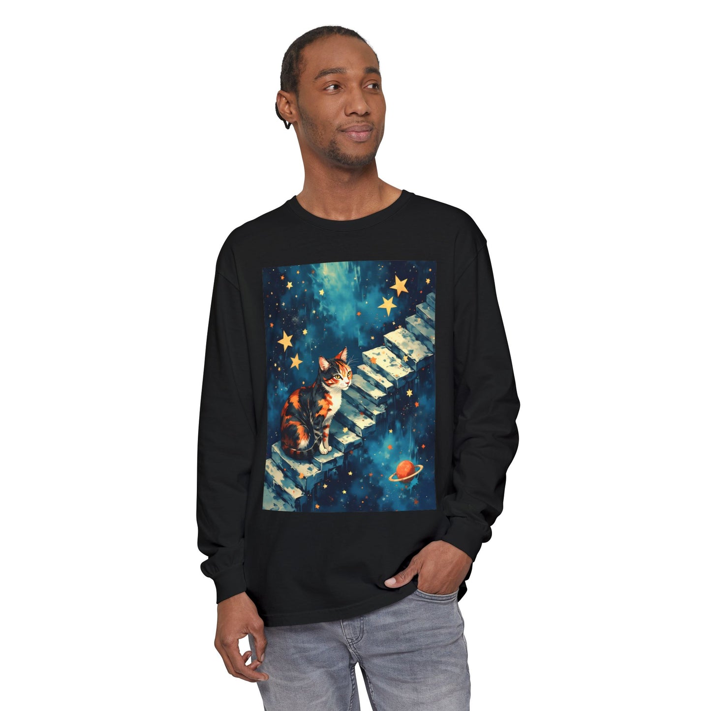 Long Sleeve T-Shirt - Cat on a Stairway to the Stars