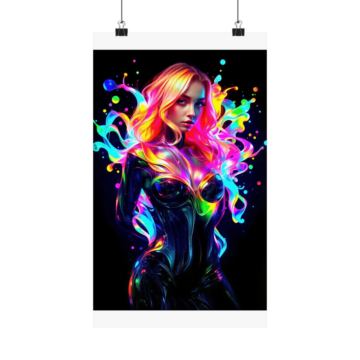 Neon Splash Rainbow Hair Woman Poster Matte Vertical Wall Art