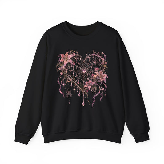 Gothic Spiderweb Heart Sweatshirt Pink Lilies Crystal Pastel Goth Crewneck
