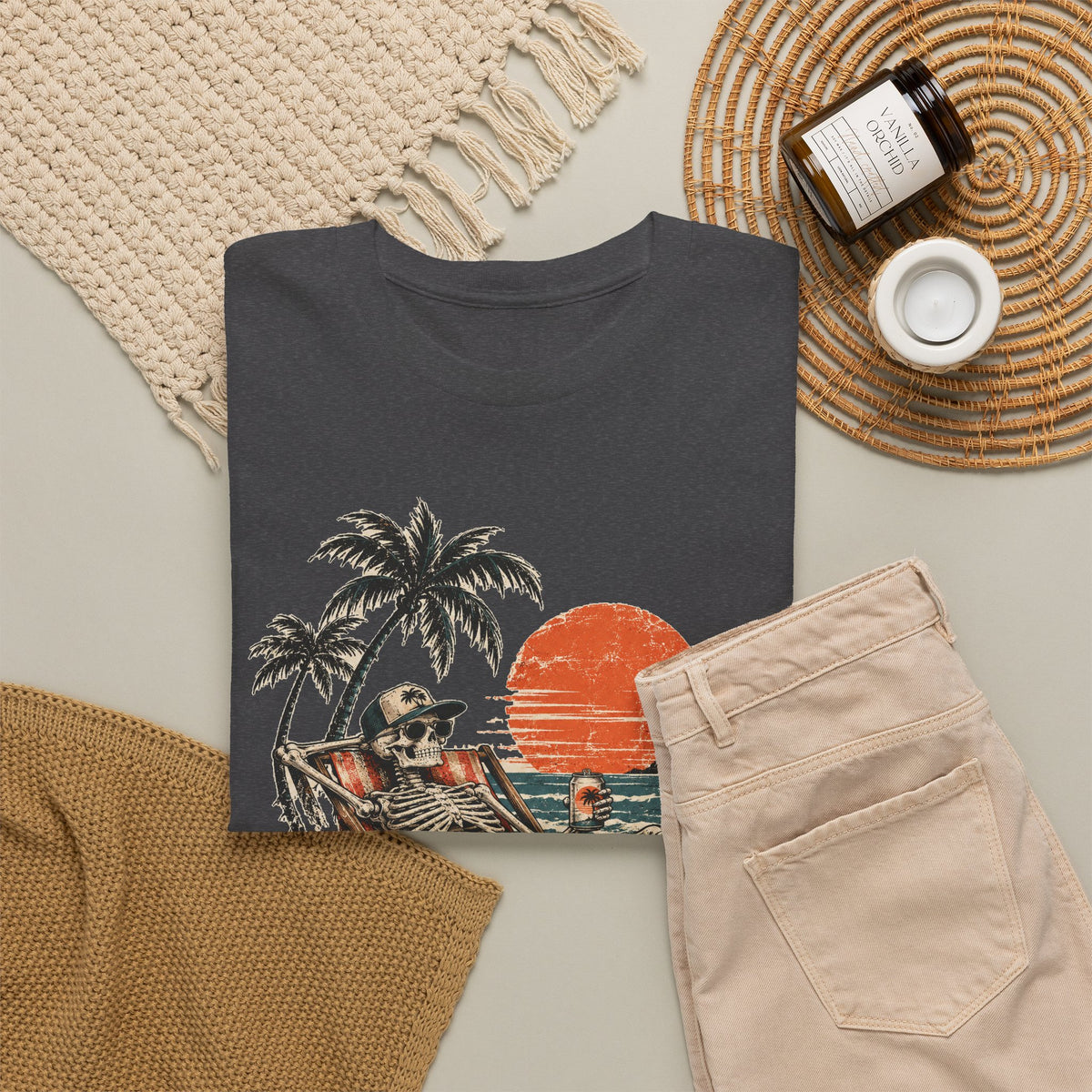 Beach Skeleton Sunset T-Shirt Palm Trees Vacation Mode Funny Skeleton Graphic Tee