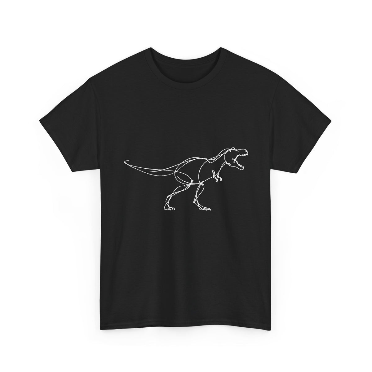 Minimal White Line T-Rex on Black T-Shirt Simple Dinosaur Sketch