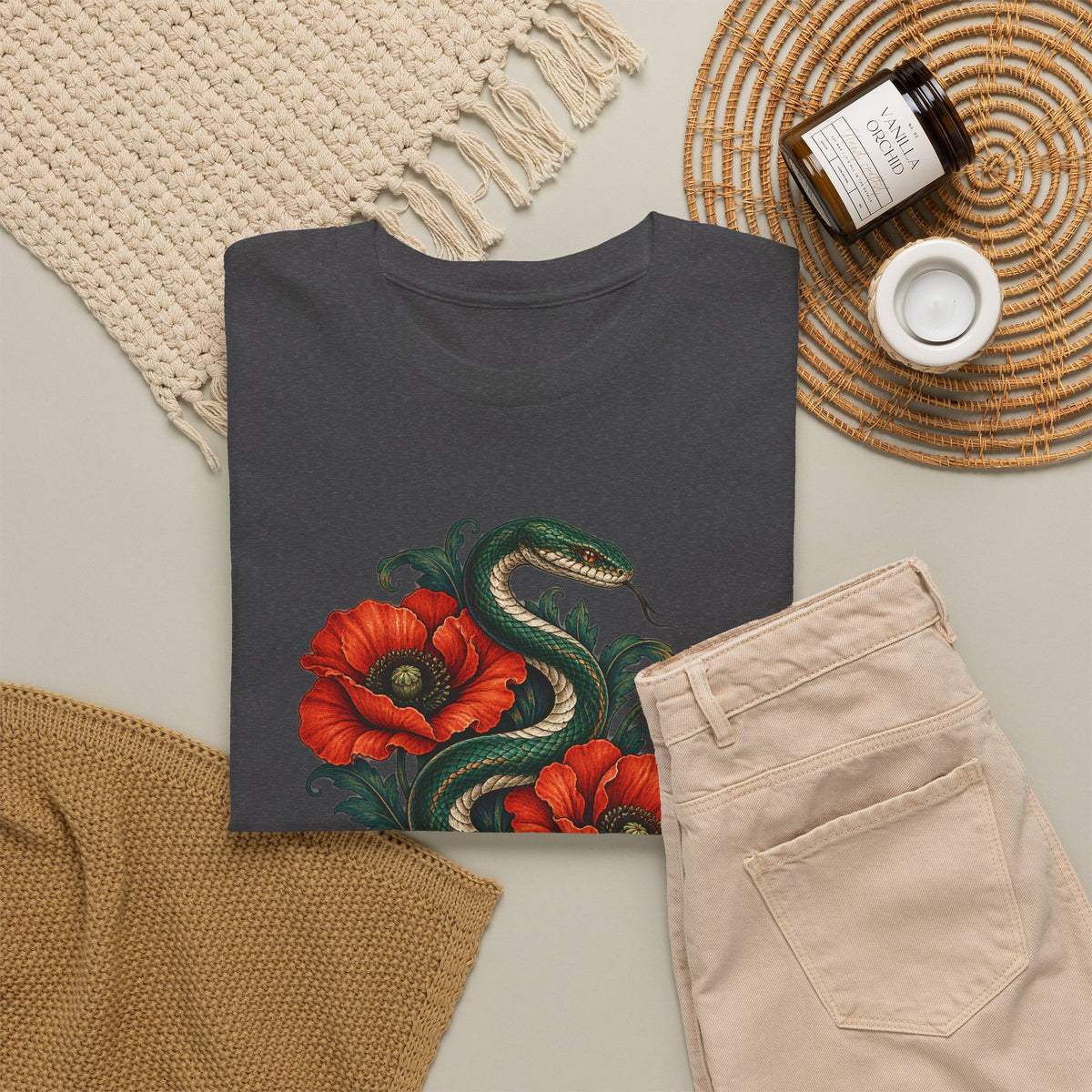 Green Snake Red Poppies T-Shirt Botanical Serpent Floral Tee